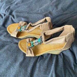 Beaded Taupe Wedge Sandals with Turquoise Accents - Women
